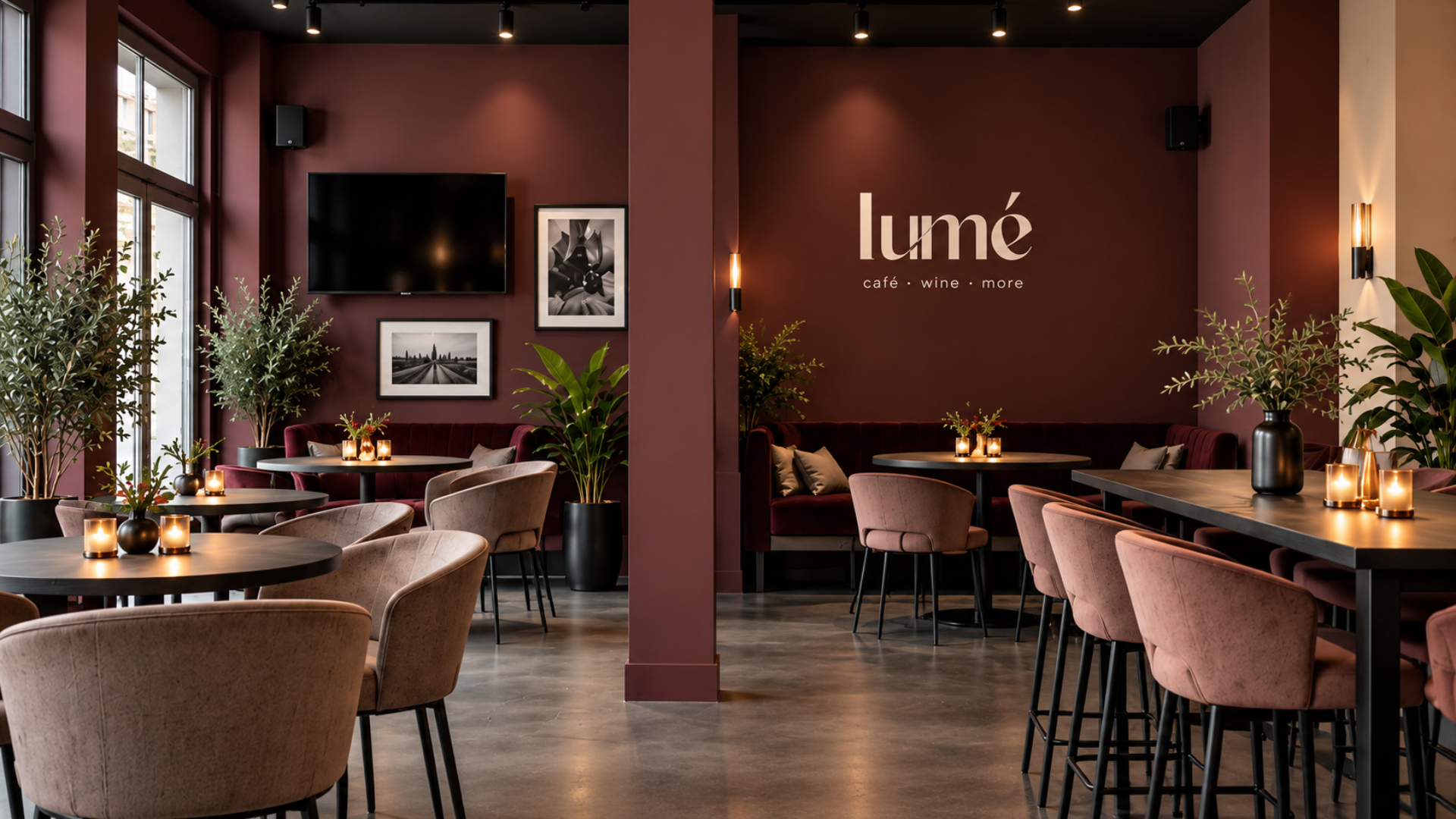 Interior von lumé mit Burgundy-Wänden, Samtsesseln und Kerzenlicht