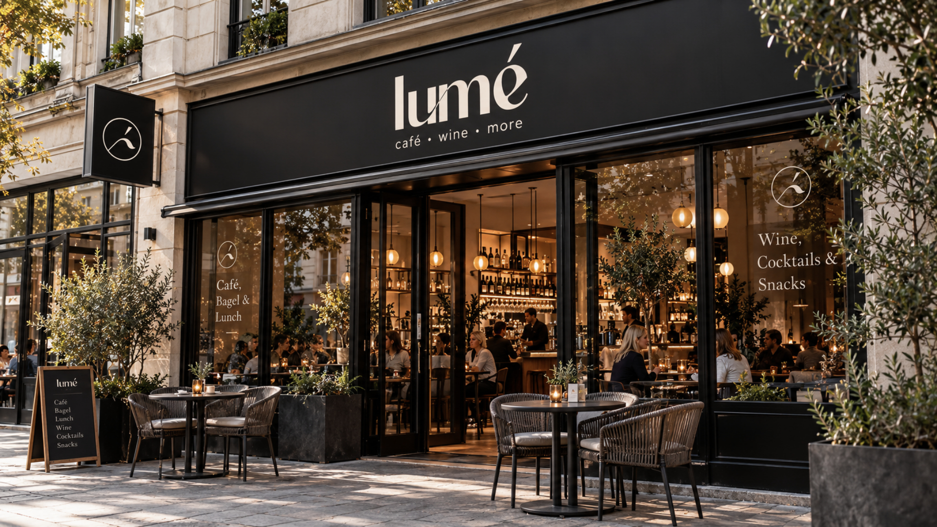 Außenfassade von lumé mit Logo und Signage