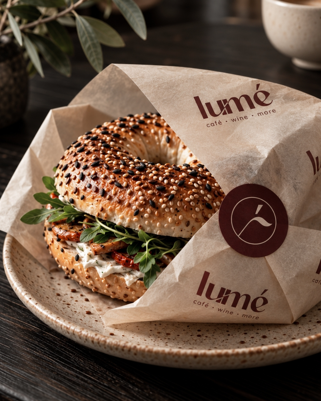 Bagel in Papier mit lumé Logo und Signet-Sticker