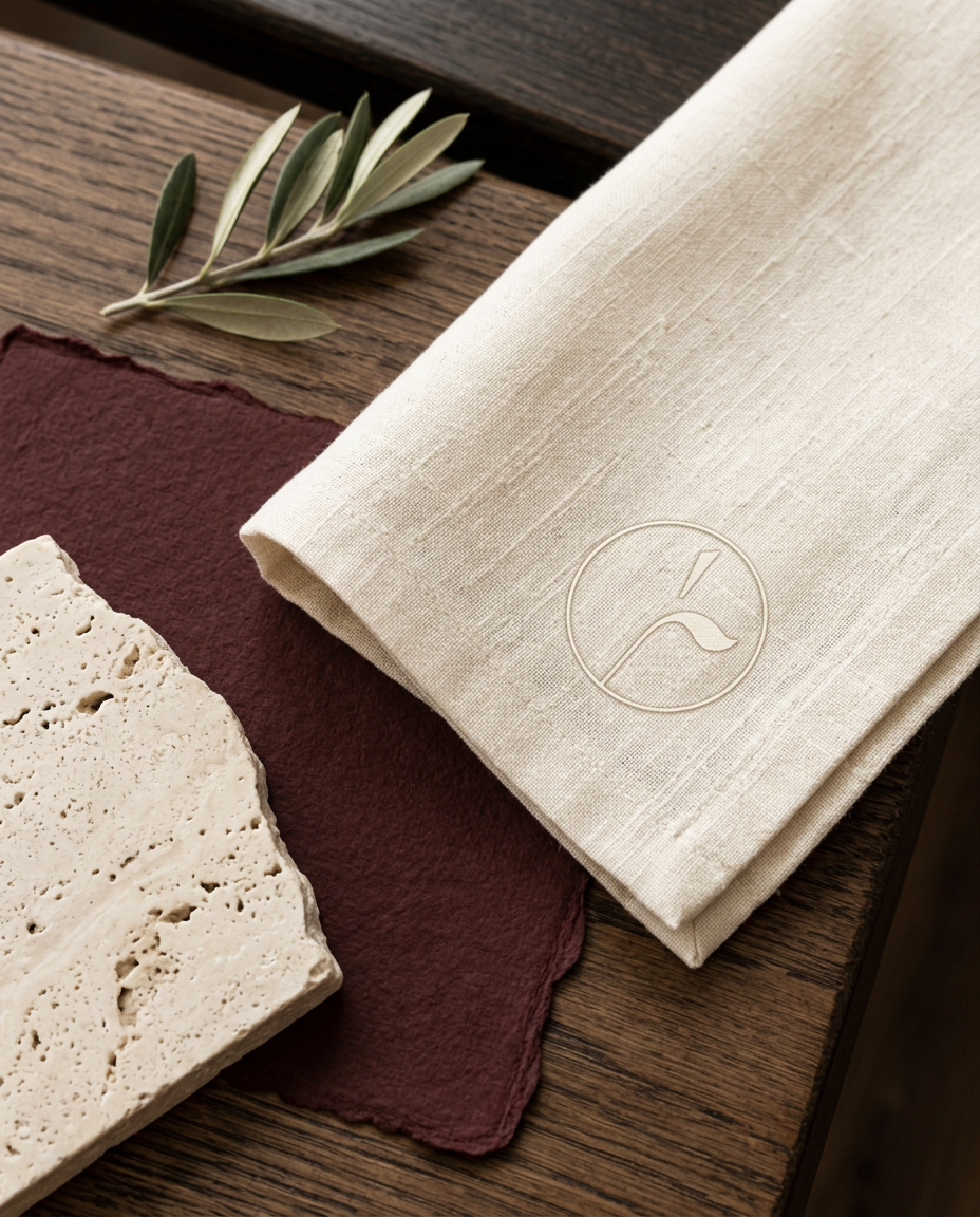 Leinenserviette mit lumé Signet, Travertin und Burgundy-Papier
