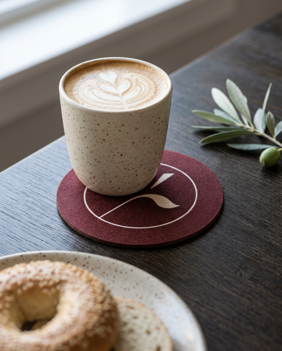 Cappuccino auf lumé Untersetzer im Morgenlicht, Bagel im Vordergrund
